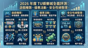 2026年度TU娛樂城在博弈產業中以多元遊戲陣容聞名，涵蓋真人百家樂、熱門老虎機、體育博彩及彩票等，滿足各類玩家需求。平台強調其具備國際認證與嚴密的加密技術，確保會員個資與交易安全性。優惠方面，TU提供競爭力十足的新人首儲禮、高額返水及VIP專屬福利，旨在提升玩家黏著度。儘管官方宣稱出金穩定且具備流暢的行動端體驗，但在選擇投入前，建議玩家仍須多方參考社群評價，並謹慎評估自身財務狀況，以在享受多元娛樂與風險控管間取得平衡。