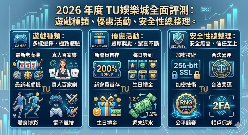 2026年度TU娛樂城在博弈產業中以多元遊戲陣容聞名，涵蓋真人百家樂、熱門老虎機、體育博彩及彩票等，滿足各類玩家需求。平台強調其具備國際認證與嚴密的加密技術，確保會員個資與交易安全性。優惠方面，TU提供競爭力十足的新人首儲禮、高額返水及VIP專屬福利，旨在提升玩家黏著度。儘管官方宣稱出金穩定且具備流暢的行動端體驗，但在選擇投入前，建議玩家仍須多方參考社群評價，並謹慎評估自身財務狀況，以在享受多元娛樂與風險控管間取得平衡。